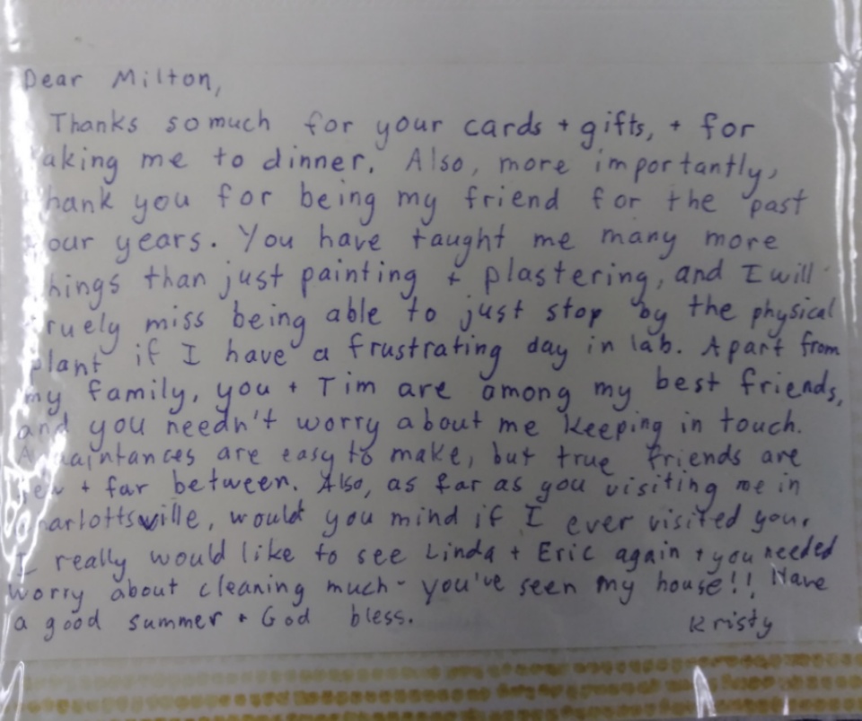 One of dozens of letters Kline has received from students over the years.