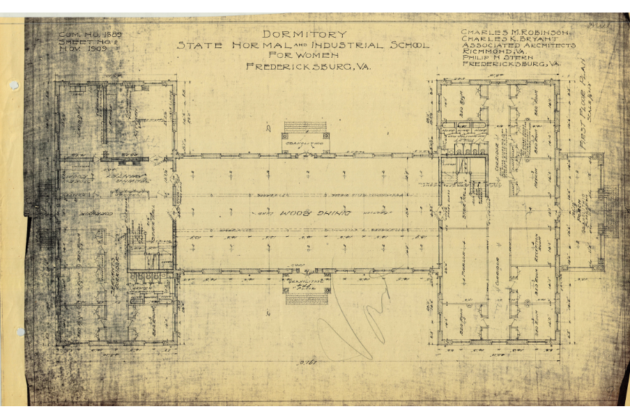 A 1909-1911 architectural drawing of the first floor of Willard Hall at what was then known as the State Normal and Industrial School for women. (Simpson Library Special Collections)