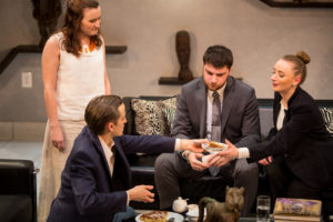 Left to right, Lydia Hundley plays Veronica Novak, Neal Gallini-Burdick plays Michael Novak, Jake Dodges plays Alan Raleigh, and Olivia Whicheloe plays Annette Raleigh in UMW Theatre's production of 'God of Carnage,' onstage Feb. 14 to 24. Photo by Geoff Green.