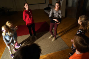 UMW theatre students Diana Bloom (left) and Victoria Fortune (right) lead a recent Stage Door Youth Workshop for young thespians in the Fredericksburg community. Photo by Suzanne Rossi.
