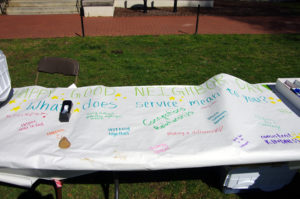 UMW students volunteers shared their views on the meaning of "service" during a BBQ on Ball Circle on Good Neighbor Day. Photo by Noah Strobel.