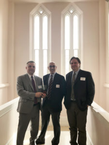 UMW received the E. Boyd Graves Preservation Award of Excellence for its work with Glavé & Holmes Architecture on UMW's amphitheatre restoration. L to R: Rob Johnston, UMW; Rob Parise, Glavé & Holmes; Scott Kyle, Glavé & Holmes. Photo provided by Rob Johnston.