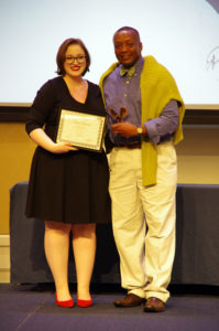 Erin Shaw, winner of the Grace Mann Launch Award, with Cedric Rucker, associate vice president and dean of Student Life, at the 2019 Eagle Awards ceremony. Photo by Noah Stroble.