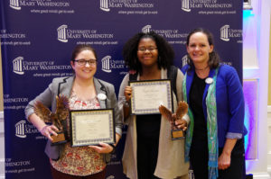 (From L-R): Joanna Raucci, associate director of the James Farmer Multicultural Center; Aminah Abdullahi; and Juliette Landphair, vice president of Student Affairs. Raucci won the Giving Tree Award, and Abdullahi accepted the Outstanding Philanthropy Program Award on behalf of Women Empowerment Through the Arts. Photo by Noah Stroble.