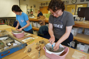 Historic preservation students Rebecca Bruner (left) and Ethan Knick wash artifacts found during an archaeological dig to locate a lost Native American village. Photo by Suzanne Carr Rossi.