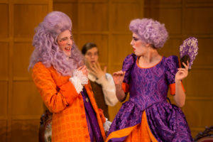 Tommy Kelleher '21 stars as Sir Jasper Fidget and Victoria Fortune '20 stars as Lady Fidget in UMW's production of "The Country Wife." UMW students spent a semester making the period costumes for the show, onstage at UMW's Klein Theatre through April 20. Photo by Geoff Greene.