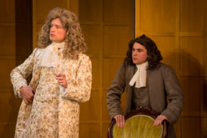 Stephen Nickens '19 as Mr. Harry Horner and Jake Dodges '20 as Quack, take the Klein Theatre stage in "The Country Wife." Photo by Geoff Greene.