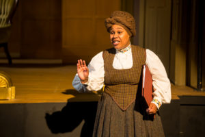 Elissa Davis '21 acts as prompter in UMW's production of "The Country Wife" at Klein Theatre, April 10 to 20. Photo by Geoff Greene.