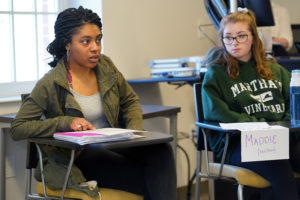 UMW student Maya Moore shares her thoughts in Professor of Psychological Sciences Mindy Erchull's "Psychology of Women" class, as Madeleine Murphy-Neilson looks on. Erchull's students are the first to use the new textbook, which she wrote along with fellow faculty member Miriam Liss and colleague Kate Richmond, are the first to use the book, set to be published in July. Photos by Suzanne Carr Rossi.