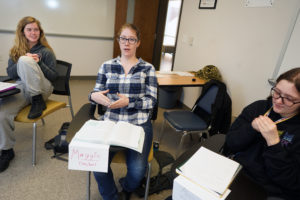(Left to right) Marissa Wood, Margaret Damico and Alexis Huber share ideas in a Psychology of Women class this semester. The course is both speaking and writing intensive. Photos by Suzanne Carr Rossi.