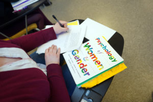 Freshman Alexandra Diviney read nearly every page of the new "Psychology of Women & Gender" textbook, written by UMW psychology professors Mindy Erchull and Miriam Liss, along with colleague Kate Richmond of Muhlenberg College. Photos by Suzanne Carr Rossi.