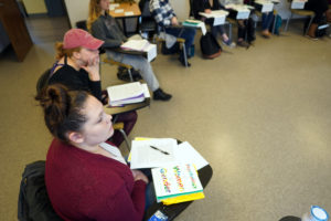 UMW students Alexandra Diviney (maroon sweater) and Ellie Benning paticipate in Professor Mindy Erchull's "Psychology of Women" class. The students in the course were the first to use the textbook, "Psychology of Women & Gender," written by Erchull and fellow UMW psychology professor Miriam Liss. Photos by Suzanne Carr Rossi.