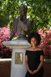 UMW English and women's and gender studies major Milen Mehari graduate Saturday knowing she did her part to enhance the culture of diversity on campus. As president of the African Student Union, she worked closely with the James Farmer Multicultural Center. Photo by Suzanne Carr Rossi.