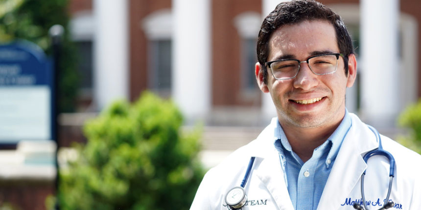 Biochemistry major Matt Tovar will head to medical school at the George Washington Uiversity after graduation on Saturday, thanks to an early admissions agreement. Tovar is researching a treatment for the deadly brain cancer glioblastoma. Photo by Suzanne Rossi Carr.