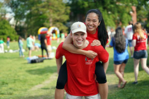 Nancy Pham and Theo Zotos, vice president and president of the Class of 2019, got to know each other before freshman year in the Student Transition Program. Photo by Suzanne Carr Rossi.