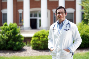 Biochemistry major Matt Tovar will head to medical school at the George Washington University after graduation on Saturday, thanks to an early admissions agreement. Tovar is researching a treatment for the deadly brain cancer glioblastoma. Photo by Suzanne Carr Rossi.