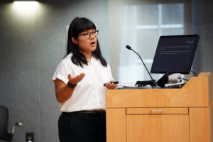 UMW student Thanh-binh Duong speaks at the Summer Science Symposium at the Hurley Convergence Center. Her presentation was entitled "Determination of the Impact of Polyethelene Nanoplastics on the Toxicity of Methoxychlor on Daphnia magna." Photos by Suzanne Carr Rossi.