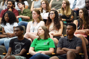 Onlookers packed the Hurley Convergence Center Digital Auditorium for the Summer Science Institute Research Symposium 2019. The program gives students a chance to plunge into research before the start of the school year. Photos by Suzanne Carr Rossi.