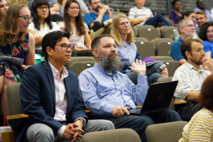 UMW student Fernando Cabezas, who presented research on cleaning diesel spills, sits with Professor of Mathematics Randall Helmstutler during the Summer Science Institute Research Symposium. Photos by Suzanne Carr Rossi.