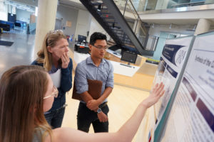 UMW student Brittany Gowarty explains parts of her research poster presentation to Professor of Biology Dianne Baker. The Summer Science Institute draws students from biology, chemistry, Earth science, physiology, computer science and math. Photos by Suzanne Carr Rossi.