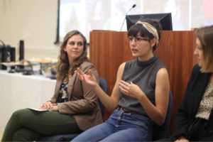 Senior Sophie Mestas (center) talked about her experiences as a Women's and Gender Studies major. Alumnae Paige McKinsey and Sam Carter also shared how the program prepared them for their current careers. Photo by Karen Pearlman.