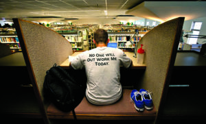 Three-quarters of students visit the library to study or work on assignments on their own. Popular study spots include first-floor computer workstations, second- and third-floor study rooms, and third-floor treehouses and carrels.
