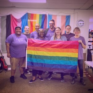 Side by Side Executive Director Ted Lewis with colleagues and volunteers celebrating Spirit Week in 2018. Lewis also held two of the first-ever LGBTQ+ leadership positions at UNC Charlotte and University of Richmond. Photo courtesy of Ted Lewis.
