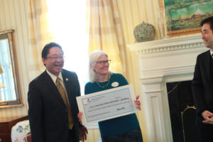 Japanese Minister of Public Affairs Takehiro Shimada (left) shares a laugh with UMW Provost Nina Mikhalevsky and Japan Foundation Program Director Takeshi Yoshida. The Japan Foundation has presented Mary Washington with a total of four grants for Japanese cultural and language programs. Photo by Karen Pearlman.