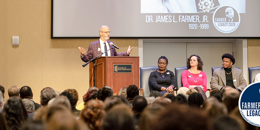 UMW President Troy Paino speaks at the launch party. He is joined onstage by (left to right) UMW Chief Diversity Officer Sabrina Johnson and Vice President for Student Affairs Juliette Landphair, and students Jason Ford and Courtney Flowers. Photo by Tom Rothenberg.