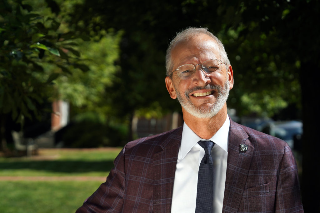 Mary Washington President Troy Paino charged the faculty and staff to "think big" at the All-UMW Assembly on Tuesday. Photo by Suzanne Rossi.