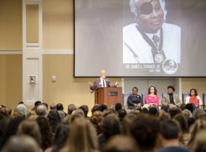 UMW President Troy Paino was joined on stage at the Farmer Legacy 2020 launch event by (from left to right) UMW administrators Chief Diversity Officer Sabrina Johnson and Vice President for Student Affairs Juliette Landphair and students Jason Ford and Courtney Flowers. Photo by Tom Rothenberg.