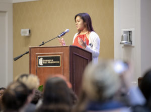 UMW junior anthropology major Courtney Flowers traveled from her home in California to UMW after learning about James Farmer and Mary Washington's James Farmer Multicultural Center. Photo by Tom Rothenberg.