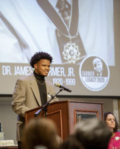 UMW Student Government Association President Jason Ford told of the inspiration he received from meeting with honorary chair of Farmer Legacy 2020, Congressman John Lewis. Photo by Tom Rothenberg.