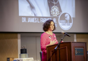 Vice President for Student Affairs Juliette Landphair spoke during UMW's launch event for the Farmer Legacy 2020 celebration, a yearlong tribute to the late Mary Washington history pofessor and civil rights icon James Farmer. Photo by Tom Rothenberg.