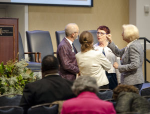 UMW President Troy Paino talks with (from left to right) Fredericksburg Mayor Mary Katherine Greenlaw, Germanna President Janet Gullickson and Jackie Hontz during the launch party for UMW's Farmer Legacy 2020 celebration. Photo by Tom Rothenberg.