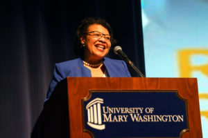 UMW alum and secretary-treasurer of the National Education Association Princess R. Moss '83 helped introduce Teacher of the Year Rodney Robinson. Photos by Suzanne Carr Rossi.