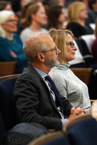 Among those who attended last night's presentation were Mary Washington President Troy Paino and wife Kelly (pictured); members of UMW's Board of Visitors; students, faculty and staff; and educators from across the Fredericksburg region. Photos by Suzanne Carr Rossi.