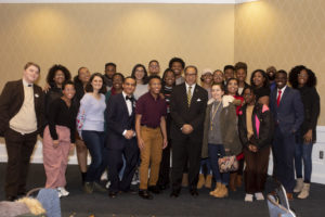 Members of UMW's newly formed chapter of the NAACP pose with Dr. Benjamin F. Chavis Jr., former executive director of the national organization. Photo by Karen Pearlman.