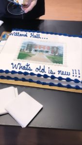 A cake and other refreshments added to the Willard Hall dedication. BOV Rector Heather Mullins Crislip '95, who lived in Willard as an undergrad, called the event "poignant." Photo by Nancy Pham.