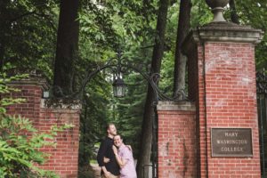 Aaron McPherson (left) and Evan Smallwood met when they were a senior and freshman, respectively, at UMW. They returned to campus to take this engagement photo and married in the newly renovated amphitheatre.
