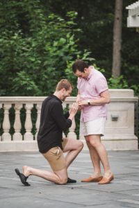 Aaron McPherson (left) proposes to Evan Smallwood last summer at UMW's newly renovated amphitheater. Smallwood proposed first, during a European vacation, but the two wanted to start their marriage 'on even ground.'