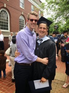 Aaron McPherson (left) graduated from Mary Washington three years before Evan Smallwood, but returned to campus to visit during their courtship. The two are seen here at Smallwood's graduation in 2015.