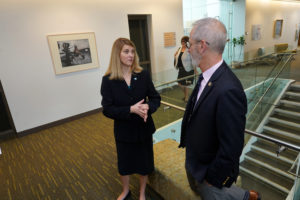 RCC President Shannon Kennedy and UMW President Troy Paino talk during a transfer agreement event at Dahlgren. The agreement provides a seamless path for RCC students to enroll at UMW. Photos by Suzanne Carr Rossi.