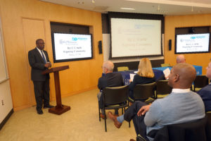 Dahlgren Campus Director Michael Hubbard addresses the crowd during a transfer partnership agreement between UMW and Rappahannock Community College. Photos by Suzanne Carr Rossi.