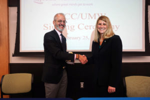 UMW President Troy Paino and Rappahannock Community College President Shannon Kennedy officially signed off on a transfer partnership agreement this week at UMW's Dahlgren Campus. Photos by Suzanne Carr Rossi.