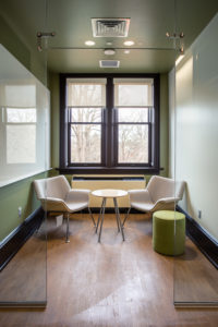 Study nooks like this one are among the features in the newly renovated Willard Hall, which also includes movable glass walls, a media room and a "teaching" kitchen. Photo by Craig Hutson, Kjellstrom and Lee Construction.