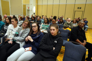 Packed into the UC's Chandler Ballroom, students, UMW athletes and coaches, faculty, staff, university administrators, President Troy Paino and wife Kelly, and community members all listened as Thomas delivered a spoken-word poem about systemic racism, victims of police brutality, athlete-activists being attacked by the media and politicians, and more. "Don't believe for a minute that your life doesn't matter," he said. Photo by Suzanne Carr Rossi.