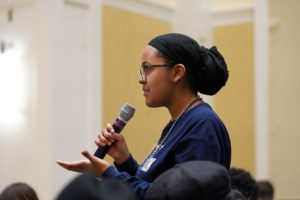 First-year Bilqiis Sheikh-Issa, VP of UMW's NAACP chapter, who also recently formed the Poetic Justice club, asked Thomas about supporting the families of victims of police violence in their quest for justice, and the emotional toll that takes on him. He shared an anecdote about feeling heartbroken and frustrated after being with Terence Crutcher's family when they learned a jury had acquitted the officer who killed him. When Thomas came home, his daughter said words he needed to hear: "You just need to keep on fighting." Photo by Suzanne Carr Rossi.