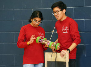 Auvai Ramalingam, 15, (left) and Chris Kang, 16, (right) of McLean High School participate in the Mousetrap Vehicle competition at the Virginia Science Olympiad held at UMW on Saturday. Photos by Suzanne Carr Rossi.