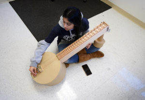Abirami Krishnan, 16, of Fairfax High School plays the 'Veena' instrument in the Sounds of Music competition. Krishnan was one of 660 Northern Virginia middle- and high-school students who participated in the 2020 Virginia Science Olympiad (VASO) regional qualifying round at UMW Saturday. Photos by Suzanne Carr Rossi.